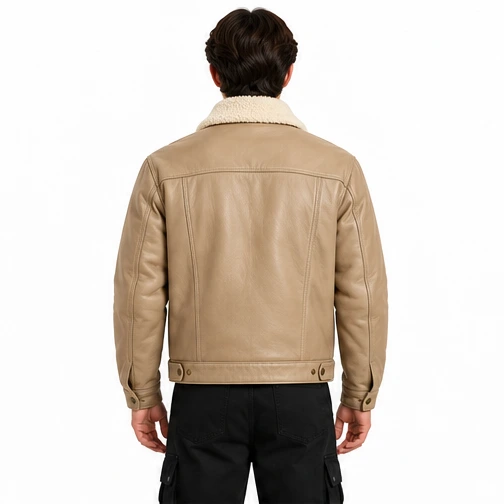 Men's Sand Fleece-Collar Leather Winter Trucker Jacket manufacturing detail 2