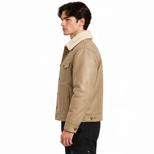 Men's Sand Fleece-Collar Leather Winter Trucker Jacket manufacturing detail 3