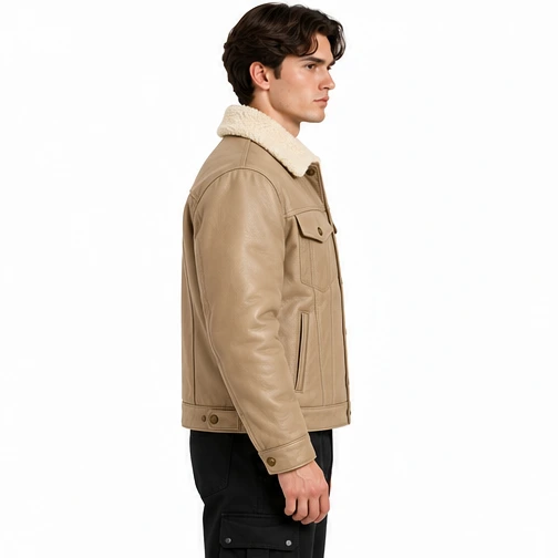 Men's Sand Fleece-Collar Leather Winter Trucker Jacket manufacturing detail 4