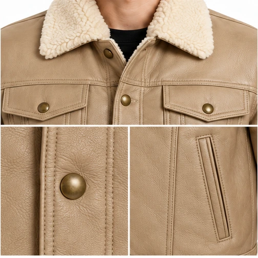 Men's Sand Fleece-Collar Leather Winter Trucker Jacket manufacturing detail 5