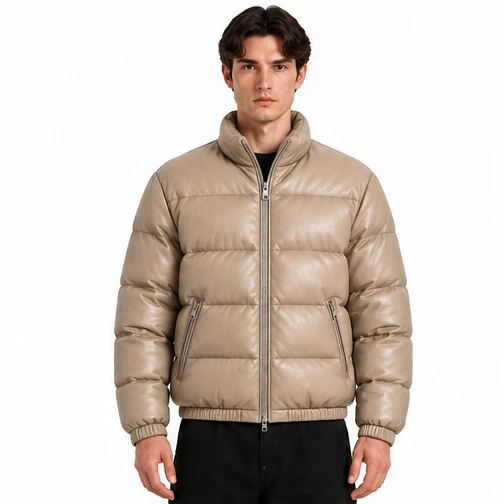Men's Stone Cropped Sheep Leather Puffer Jacket - Custom Leather Manufacturer Sialkot Pakistan