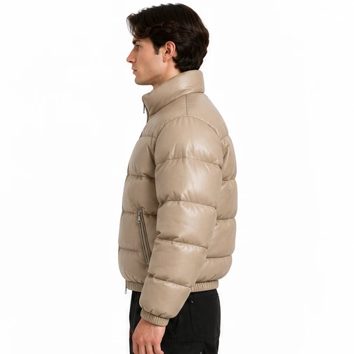 Men's Stone Cropped Sheep Leather Puffer Jacket manufacturing detail 3