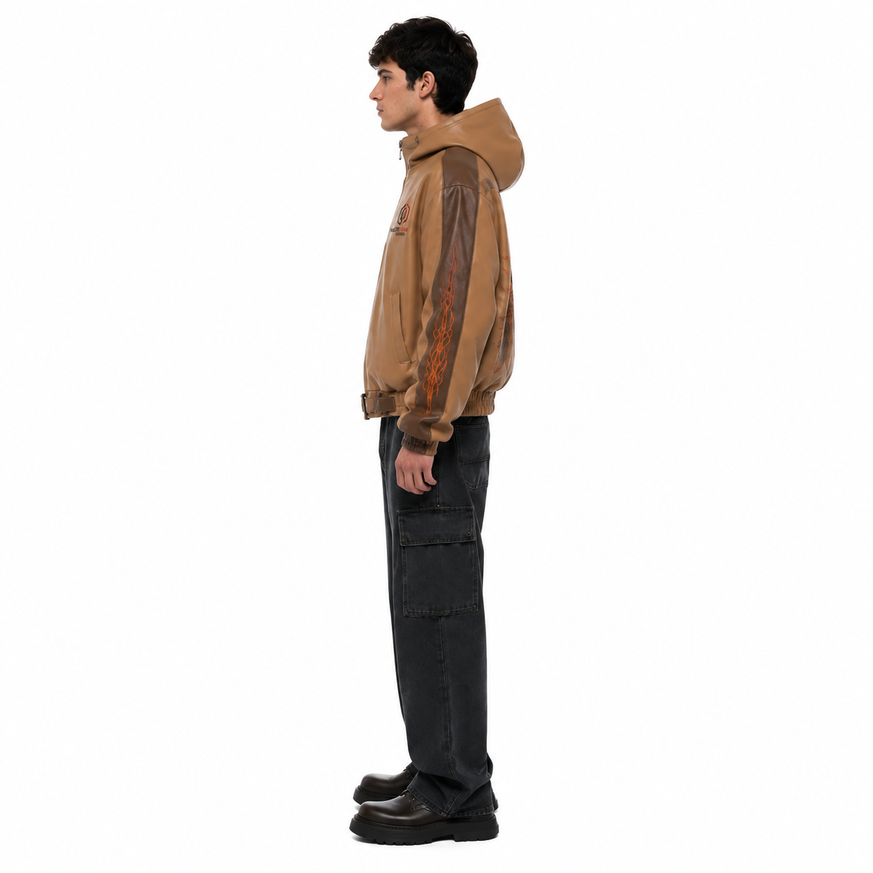 Men's Tan Eclipse Graphic Lambskin Hooded Bomber Jacket manufacturing detail 3