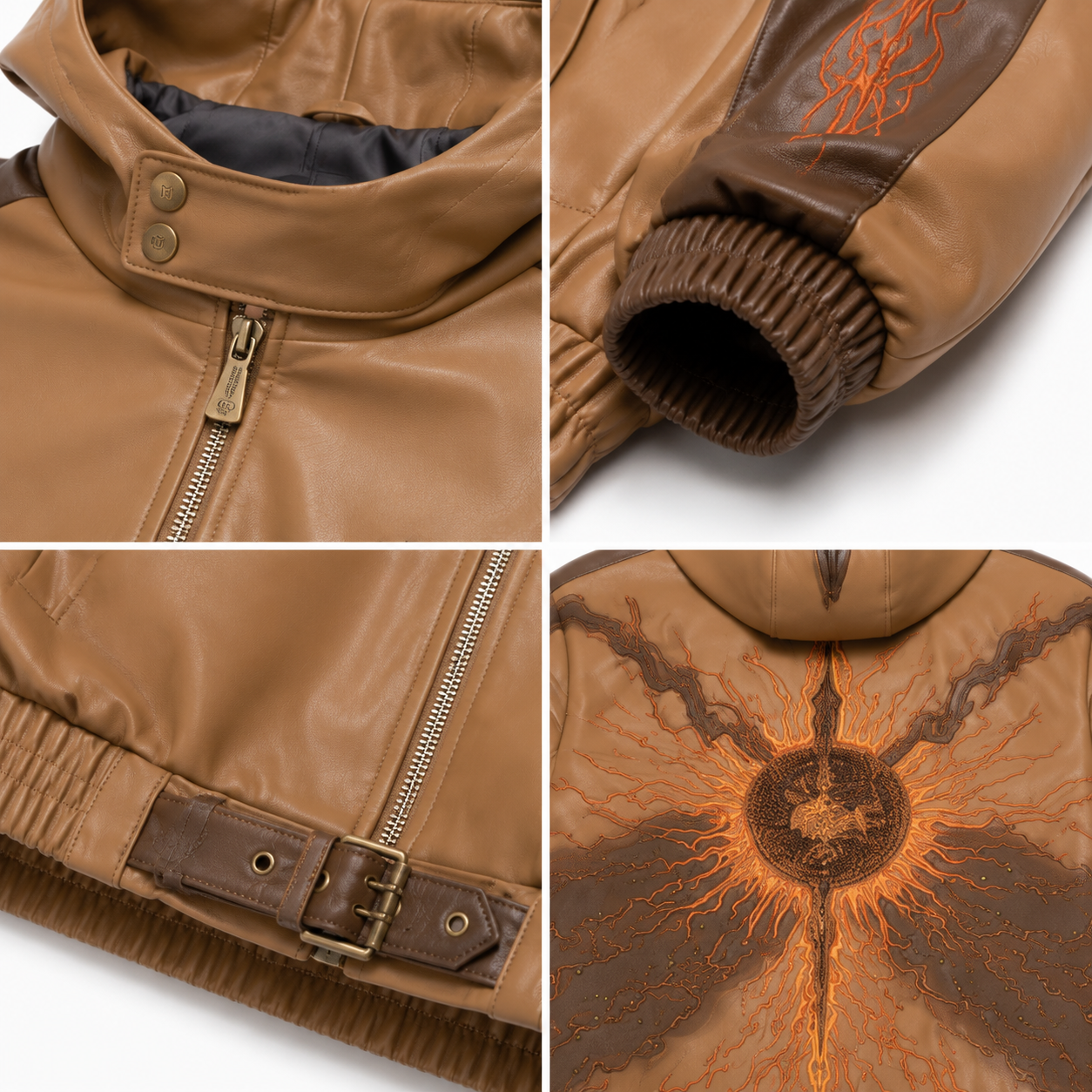 Men's Tan Eclipse Graphic Lambskin Hooded Bomber Jacket manufacturing detail 4