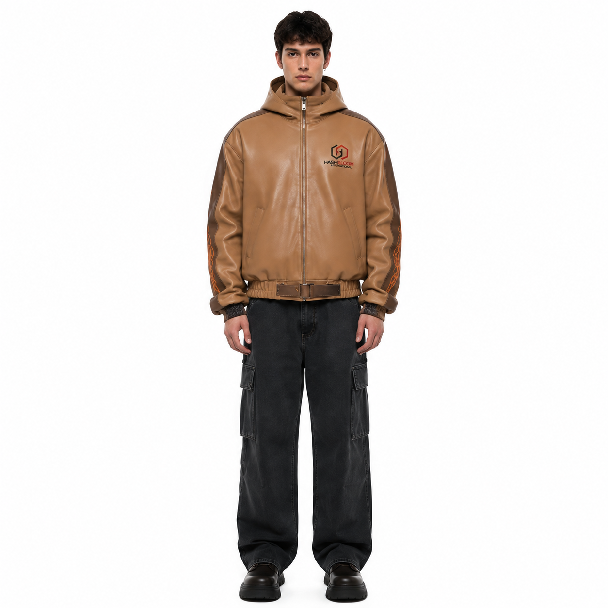 Men's Tan Eclipse Graphic Lambskin Hooded Bomber Jacket - Custom Leather Manufacturer Sialkot Pakistan