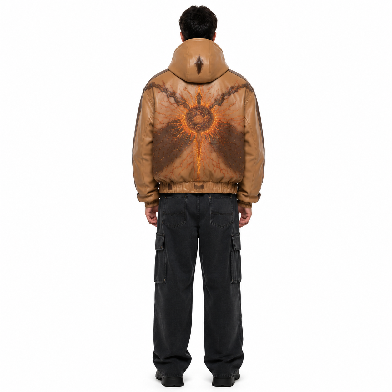 Men's Tan Eclipse Graphic Lambskin Hooded Bomber Jacket manufacturing detail 2