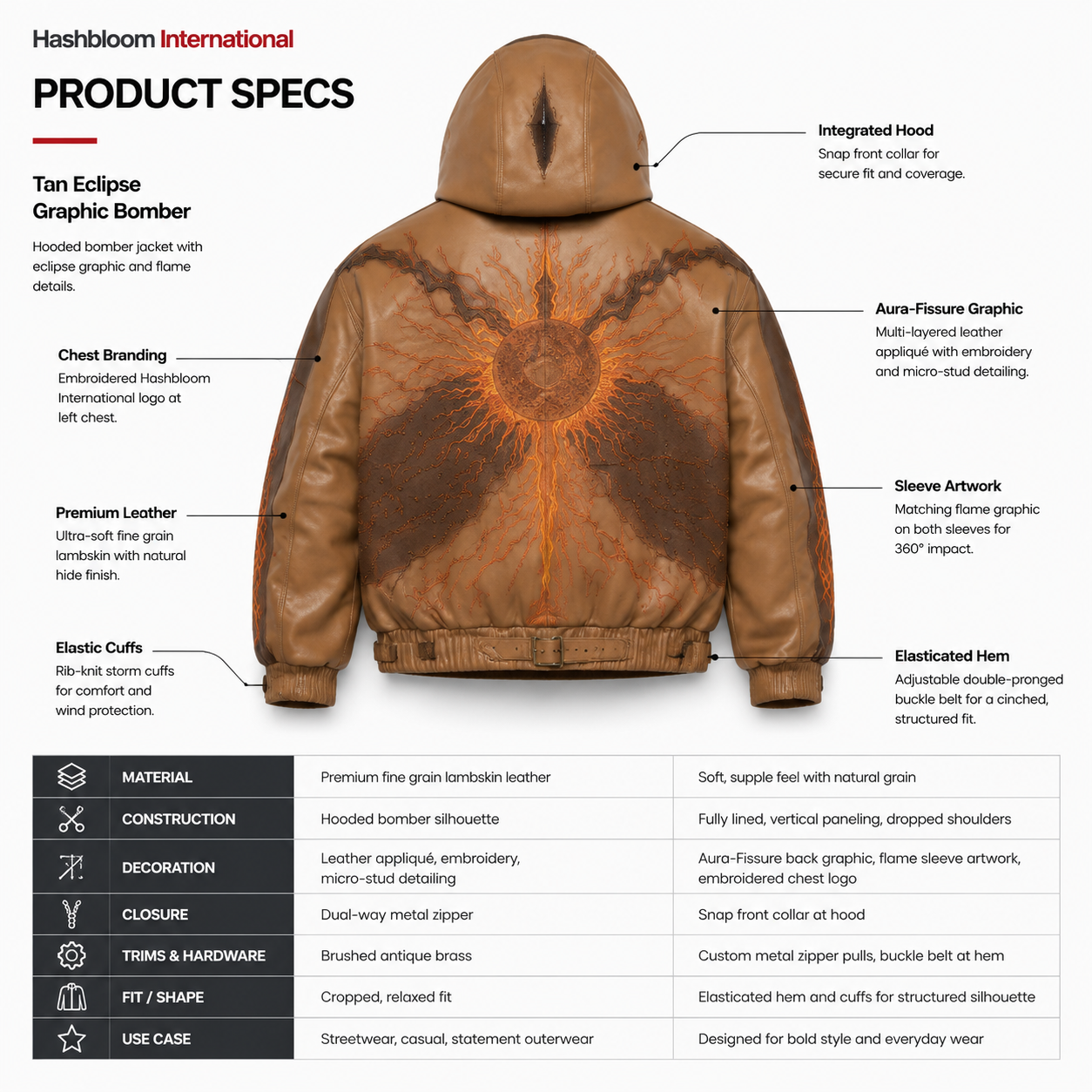 Men's Tan Eclipse Graphic Lambskin Hooded Bomber Jacket manufacturing detail 5