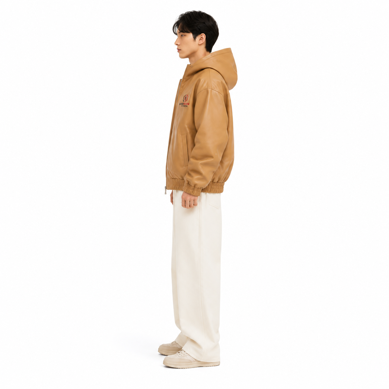 Men's Tan Hooded Faux Leather Bomber Jacket manufacturing detail 3