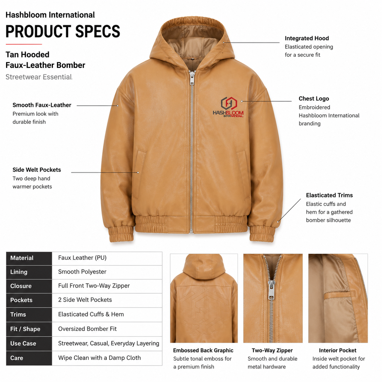 Men's Tan Hooded Faux Leather Bomber Jacket manufacturing detail 5