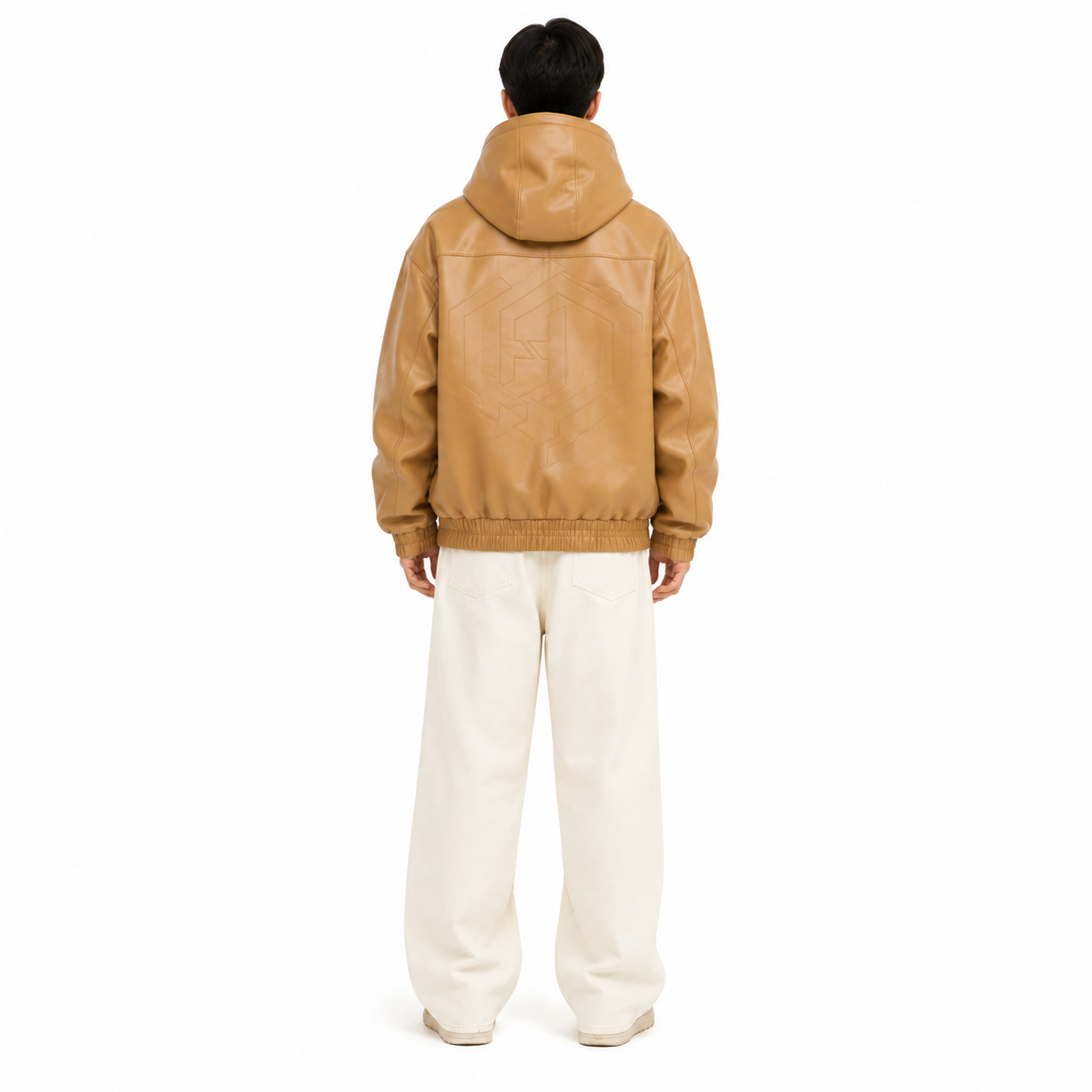 Men's Tan Hooded Faux Leather Bomber Jacket manufacturing detail 2