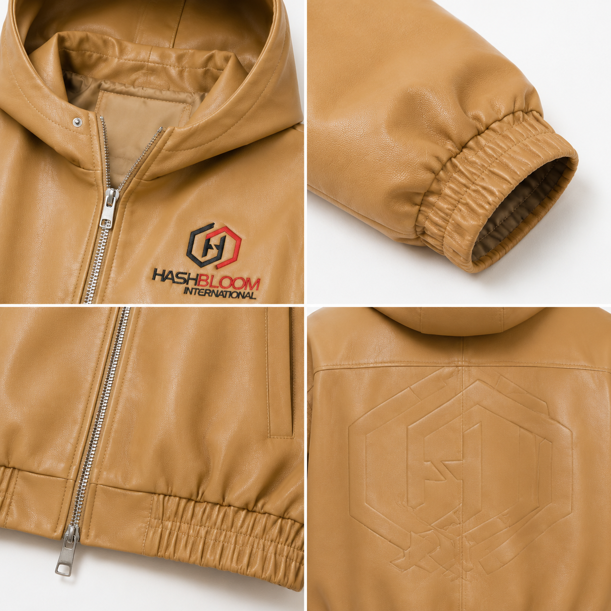 Men's Tan Hooded Faux Leather Bomber Jacket manufacturing detail 4