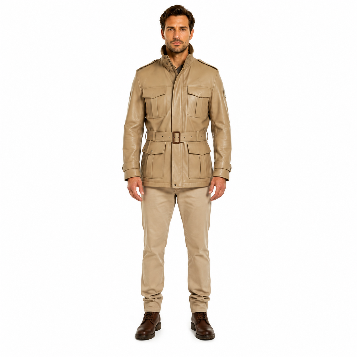 Men's Taupe Belted Leather Safari Field Jacket - Custom Leather Manufacturer Sialkot Pakistan