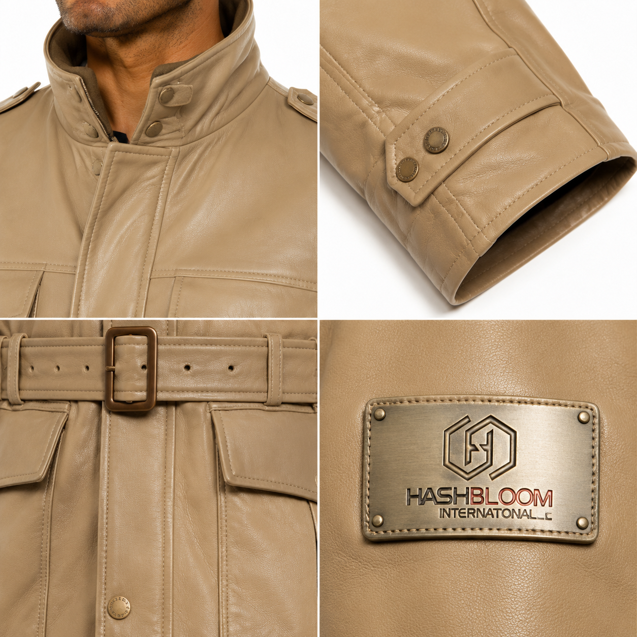 Men's Taupe Belted Leather Safari Field Jacket manufacturing detail 2