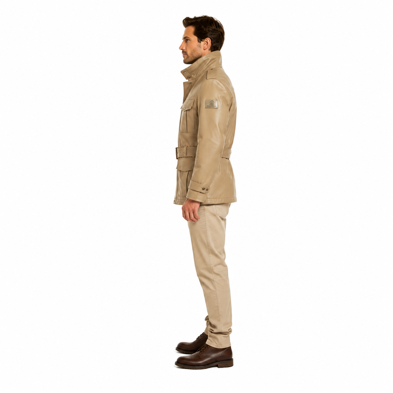 Men's Taupe Belted Leather Safari Field Jacket manufacturing detail 5