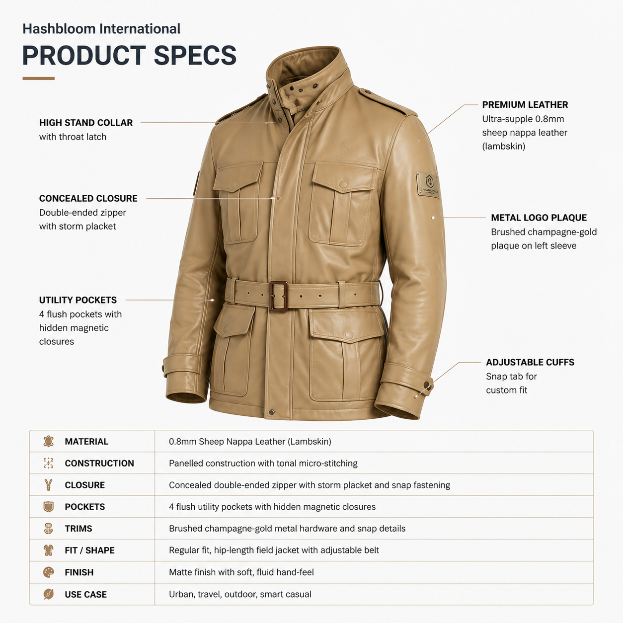 Men's Taupe Belted Leather Safari Field Jacket manufacturing detail 6