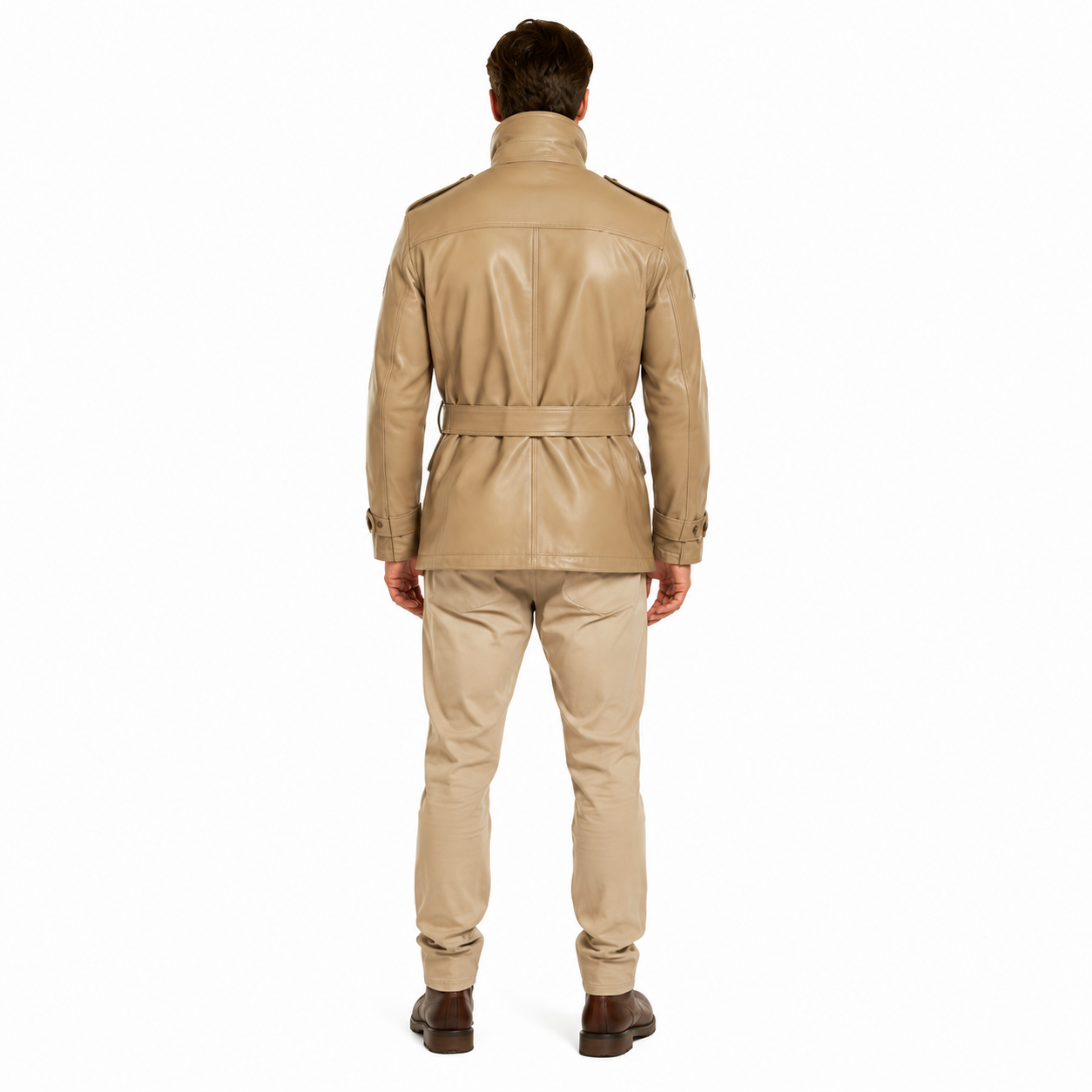 Men's Taupe Belted Leather Safari Field Jacket manufacturing detail 4