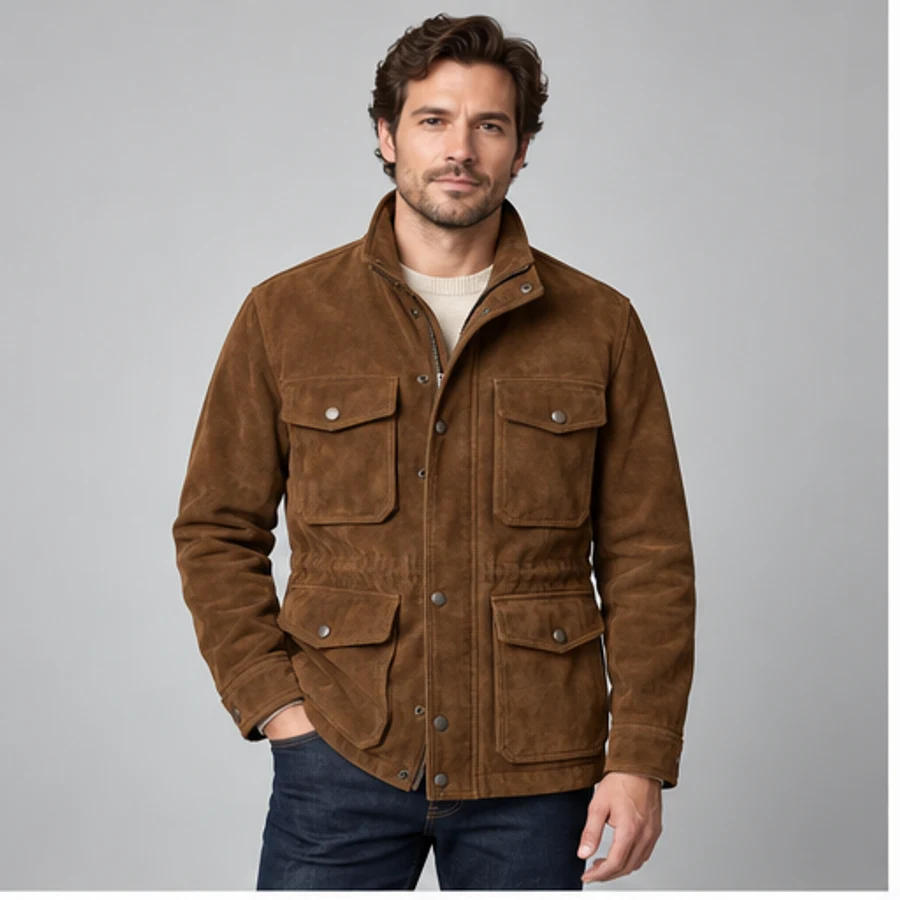 Men's Tobacco Suede Field Jacket - Custom Leather Manufacturer Sialkot Pakistan