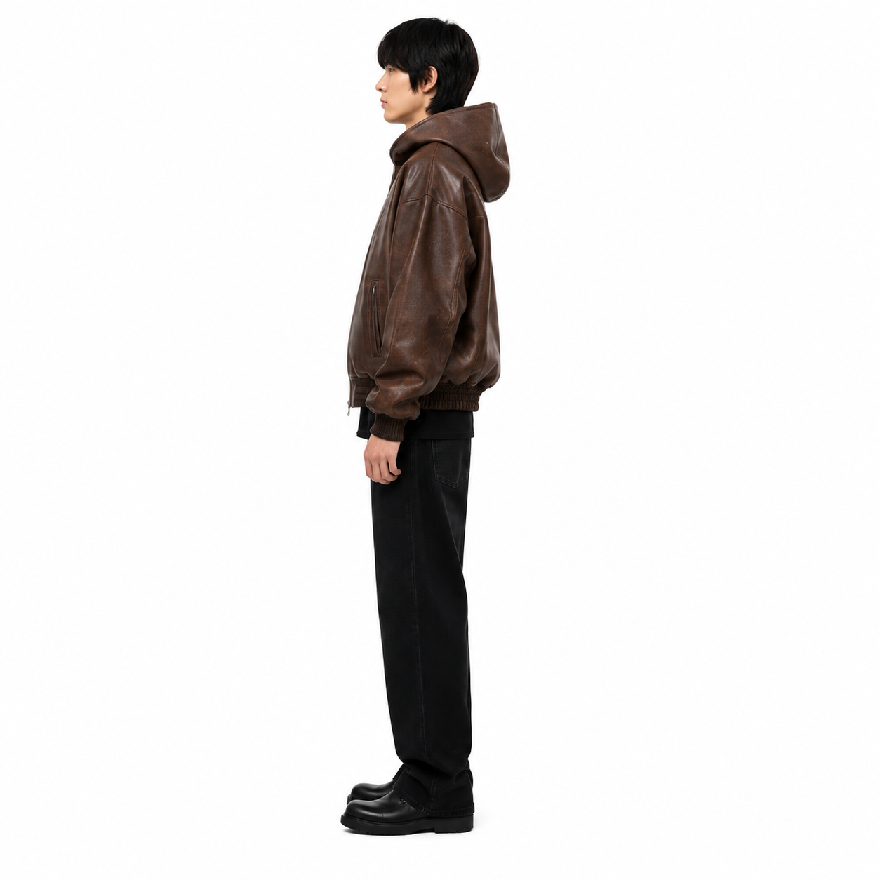 Men's Vintage Brown Hooded Faux Leather Bomber Jacket manufacturing detail 3