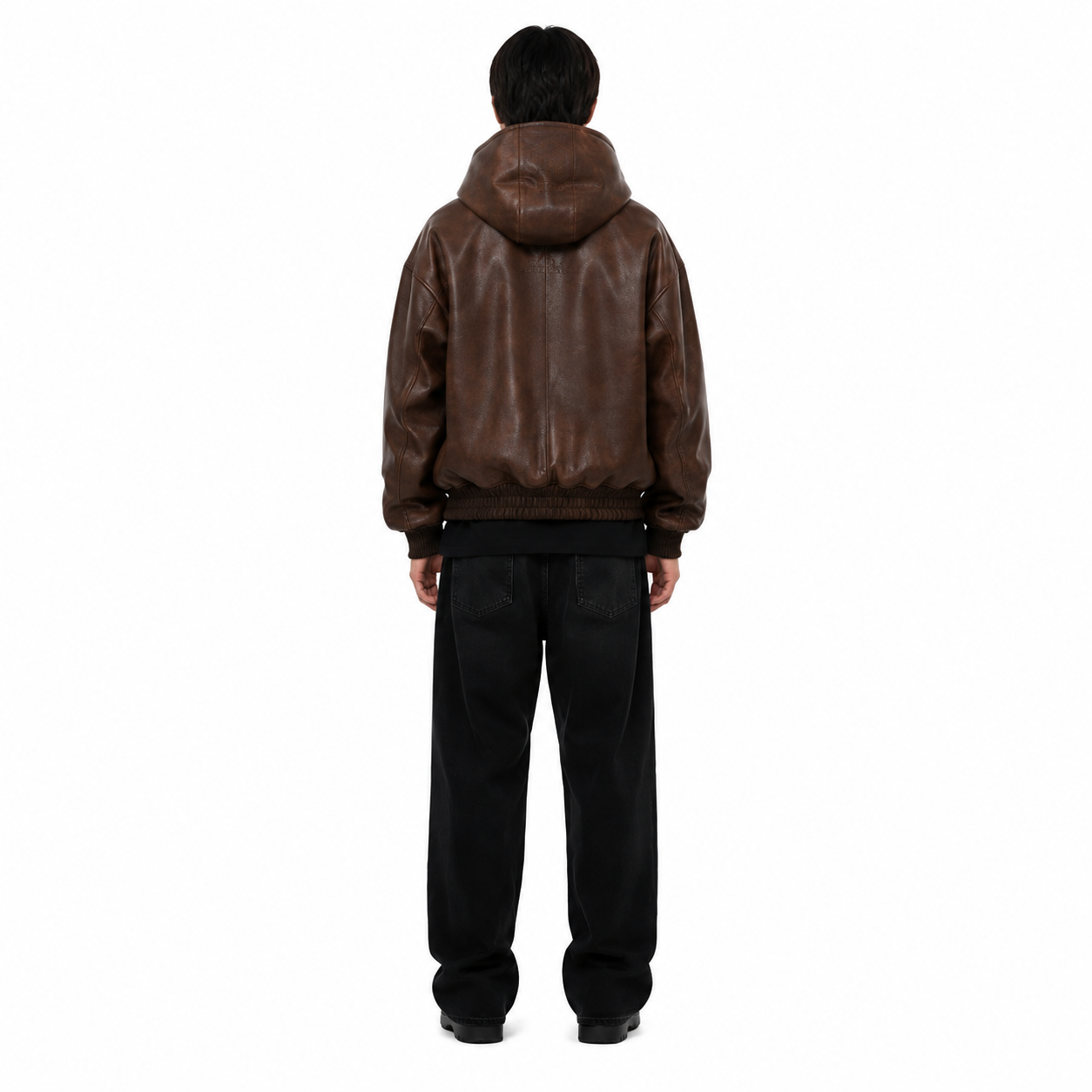 Men's Vintage Brown Hooded Faux Leather Bomber Jacket manufacturing detail 2