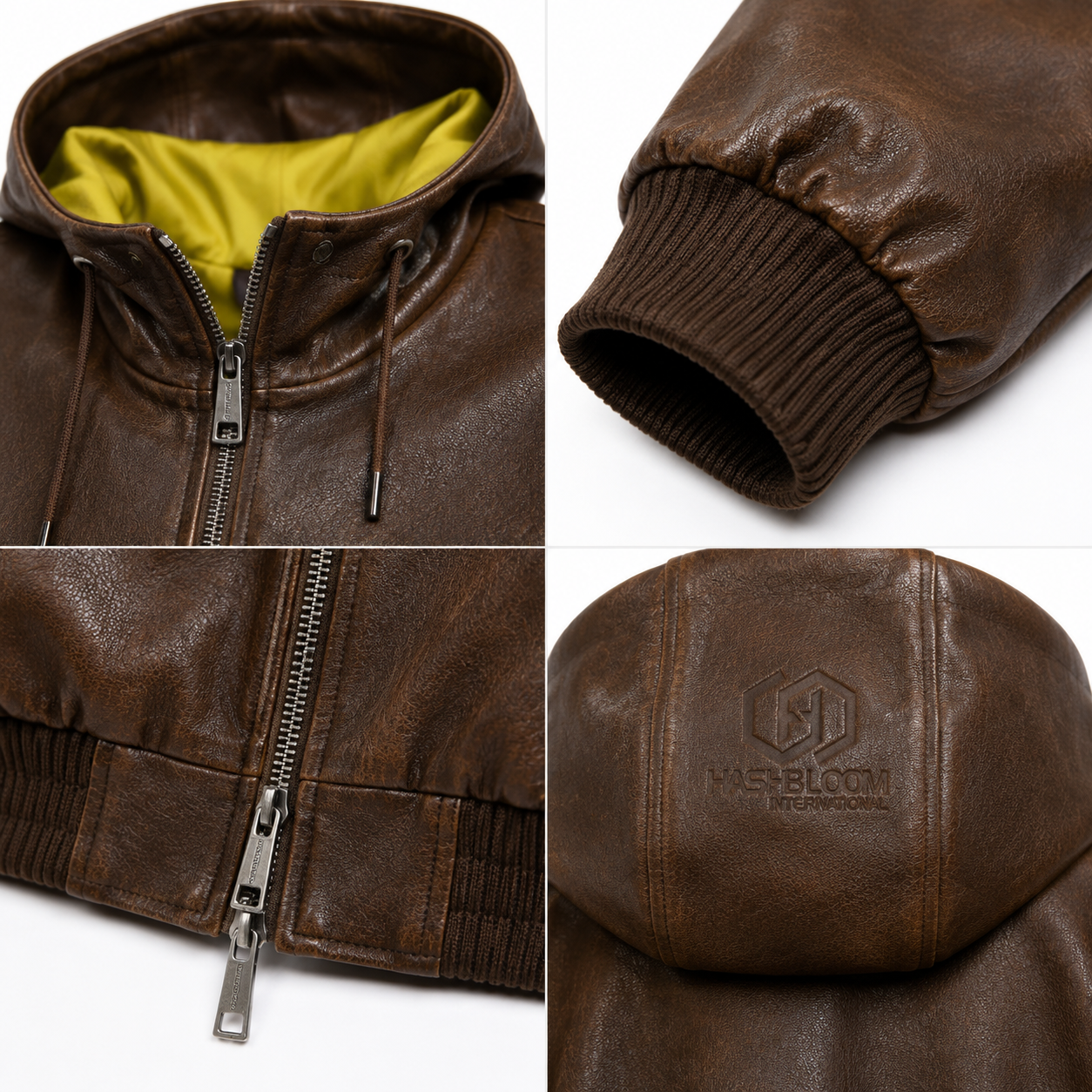 Men's Vintage Brown Hooded Faux Leather Bomber Jacket manufacturing detail 4