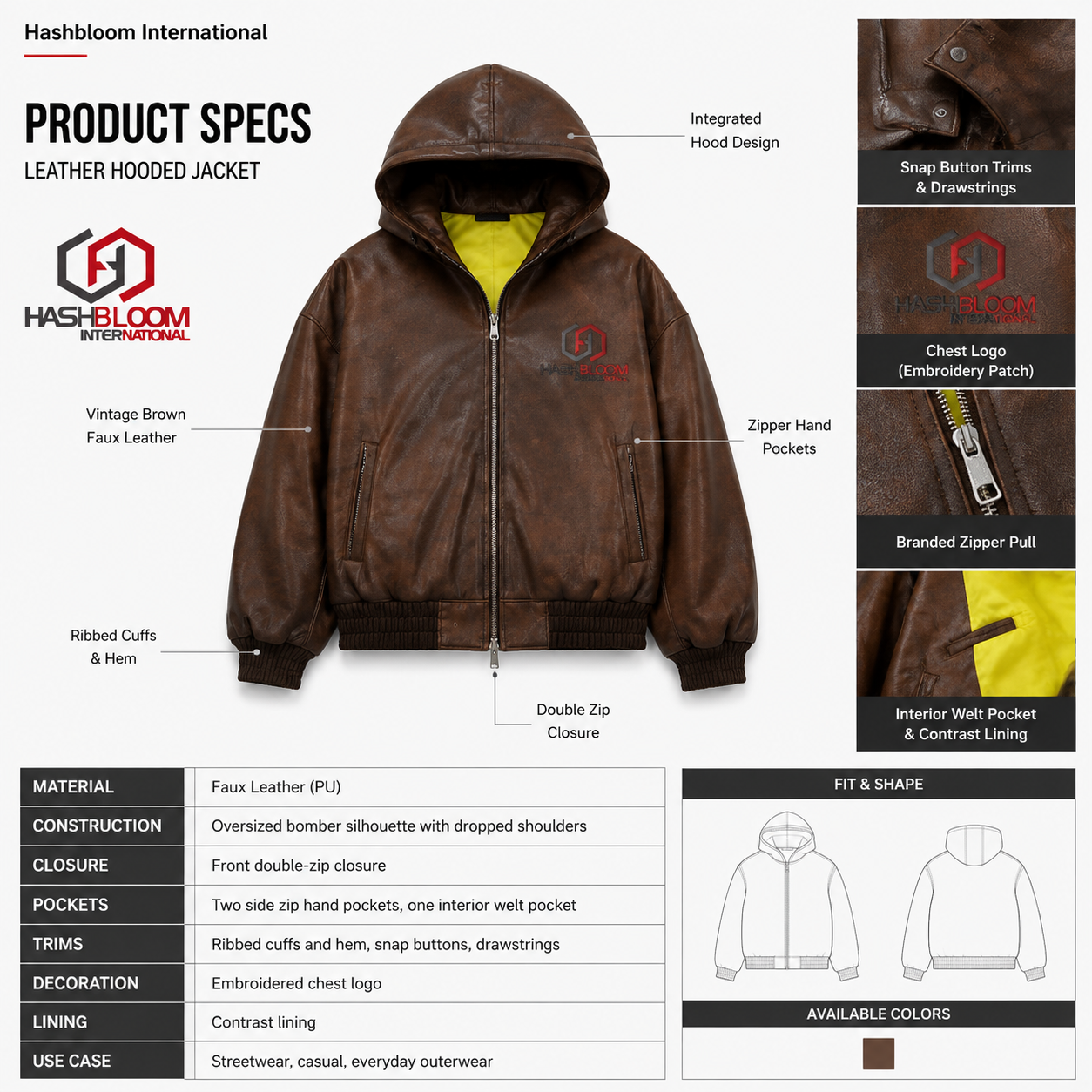 Men's Vintage Brown Hooded Faux Leather Bomber Jacket manufacturing detail 5