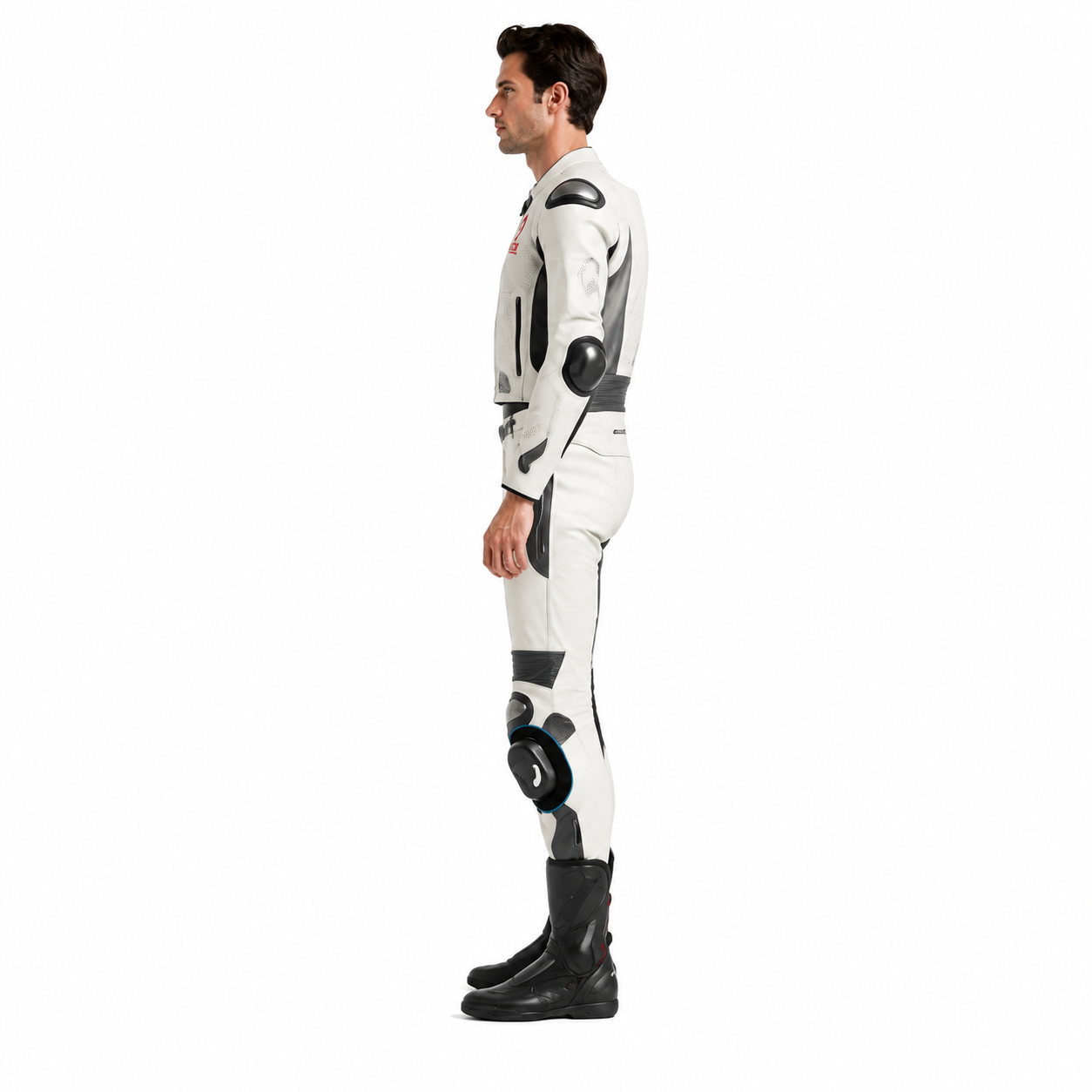 Men's White Cowhide Two-Piece Motorcycle Racing Suit manufacturing detail 3