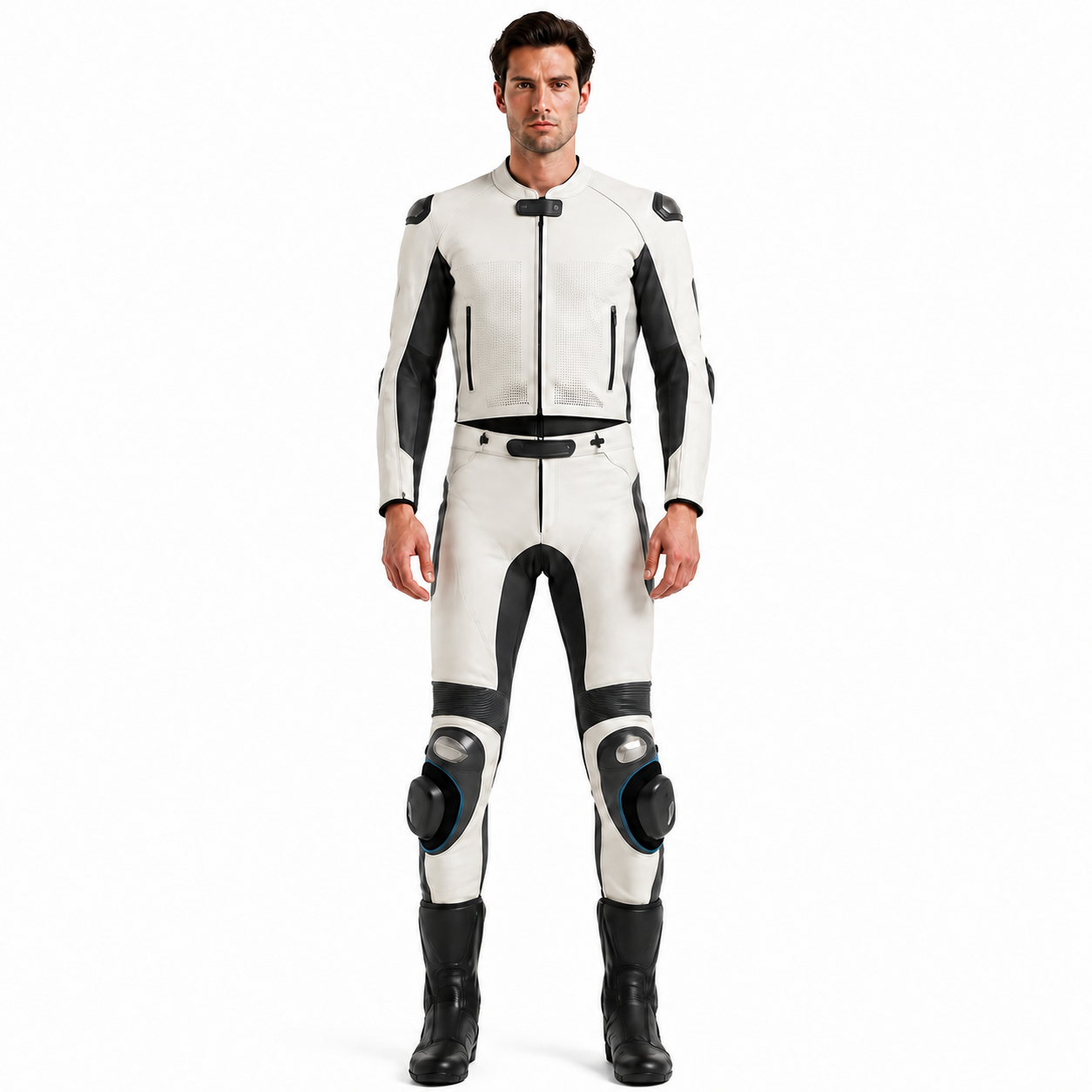 Men's White Cowhide Two-Piece Motorcycle Racing Suit - Custom Leather Manufacturer Sialkot Pakistan