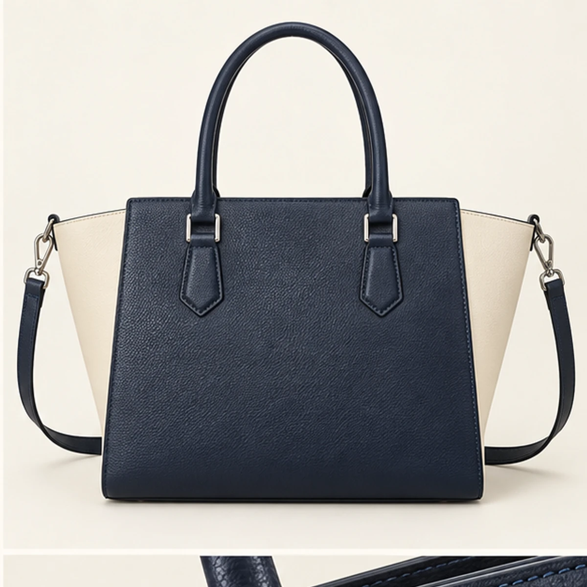 Navy & Cream Color-Block Leather Trapeze Tote manufacturing detail 2