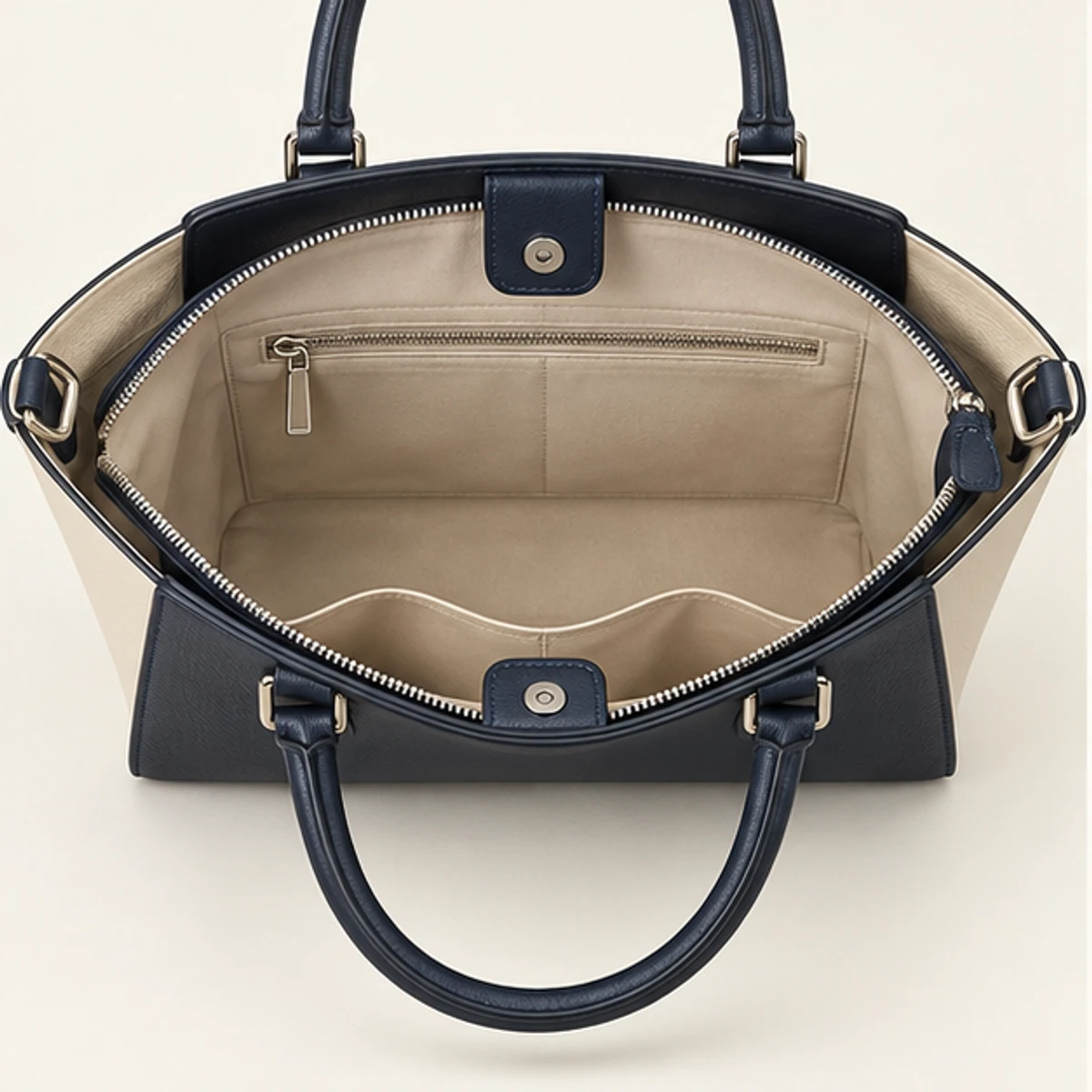 Navy & Cream Color-Block Leather Trapeze Tote manufacturing detail 3