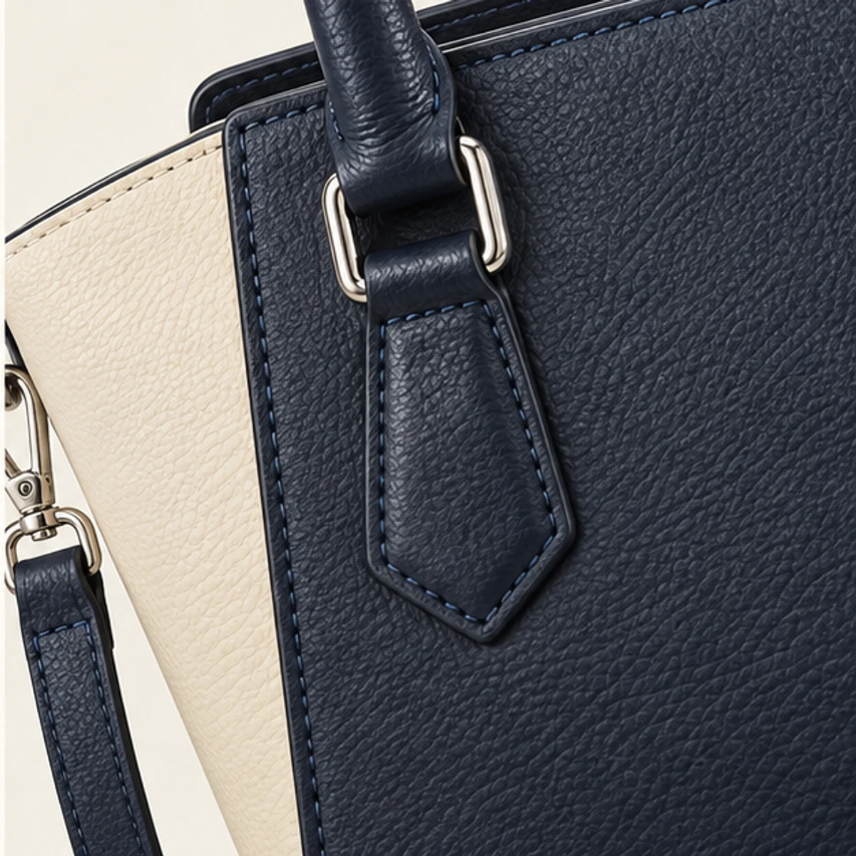 Navy & Cream Color-Block Leather Trapeze Tote manufacturing detail 4