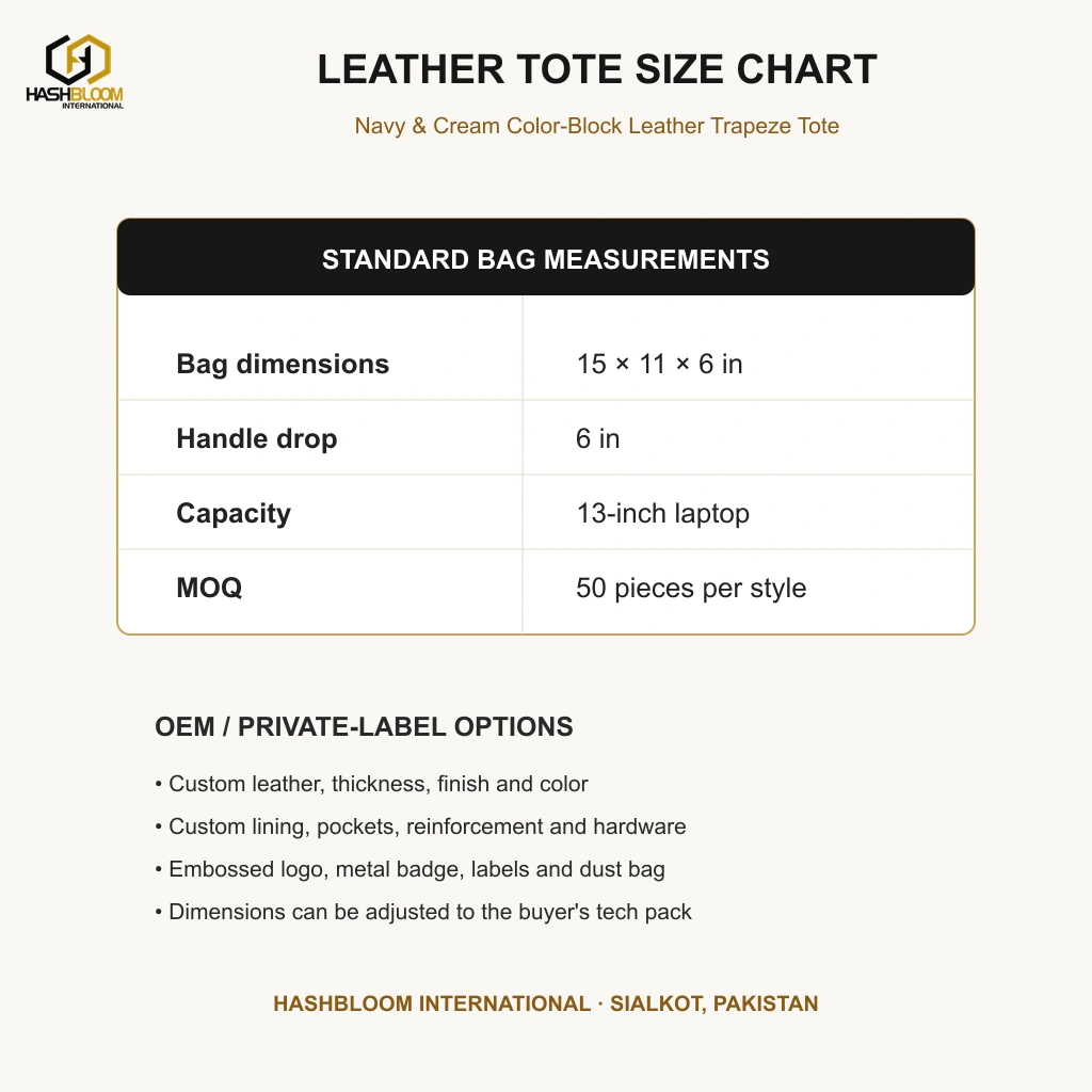 Navy & Cream Color-Block Leather Trapeze Tote manufacturing detail 5