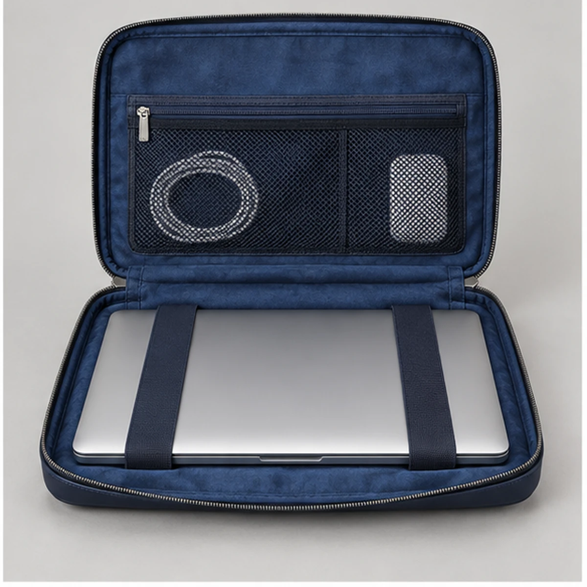 Navy Slim Leather Laptop Sleeve Briefcase manufacturing detail 4