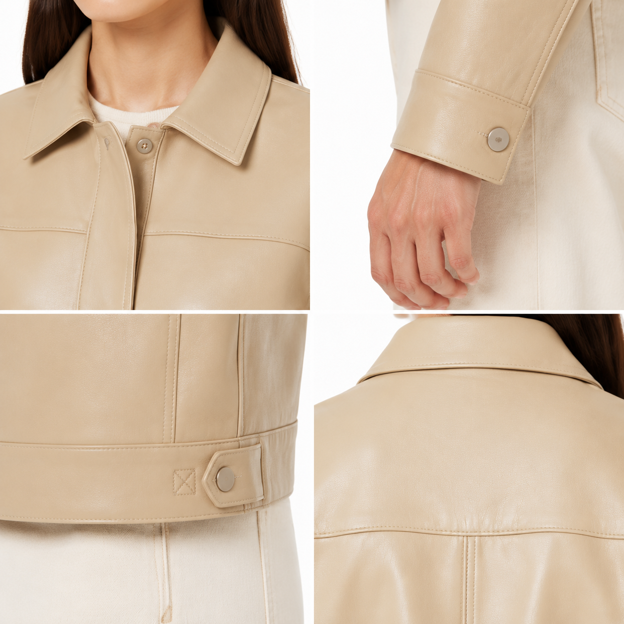 Women's Beige Minimal Leather Jacket manufacturing detail 4