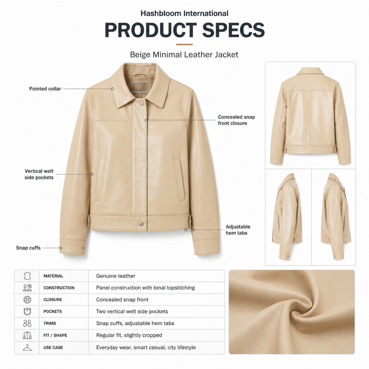 Women's Beige Minimal Leather Jacket manufacturing detail 5
