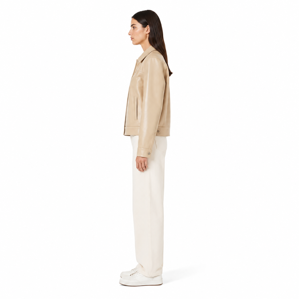 Women's Beige Minimal Leather Jacket manufacturing detail 3