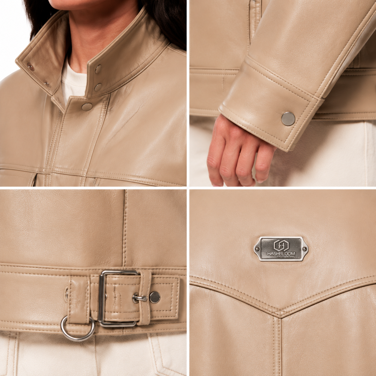 Women's Beige Sheep Nappa Leather Utility Jacket manufacturing detail 4