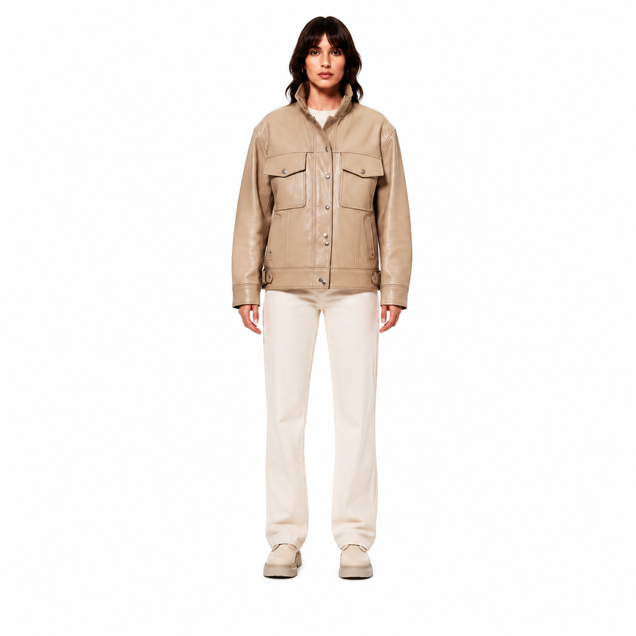 Women's Beige Sheep Nappa Leather Utility Jacket - Custom Leather Manufacturer Sialkot Pakistan