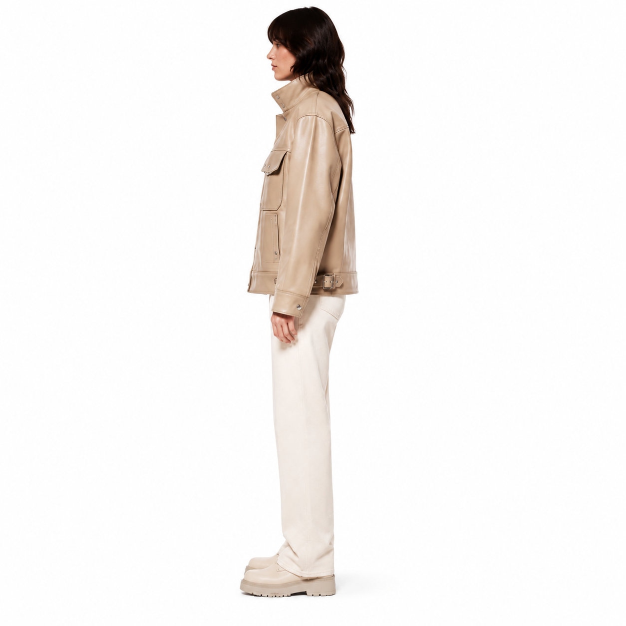 Women's Beige Sheep Nappa Leather Utility Jacket manufacturing detail 3