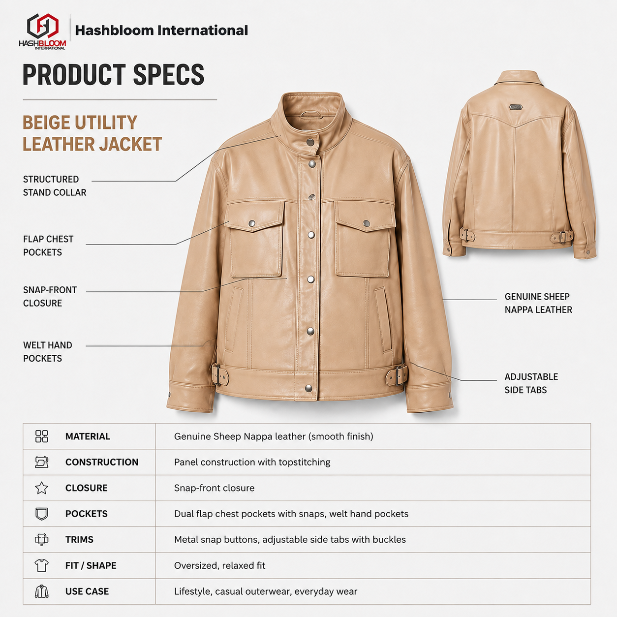 Women's Beige Sheep Nappa Leather Utility Jacket manufacturing detail 5