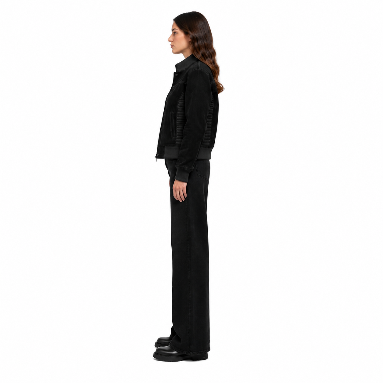 Women's Black Buffalo Suede Leather Bomber Jacket manufacturing detail 3