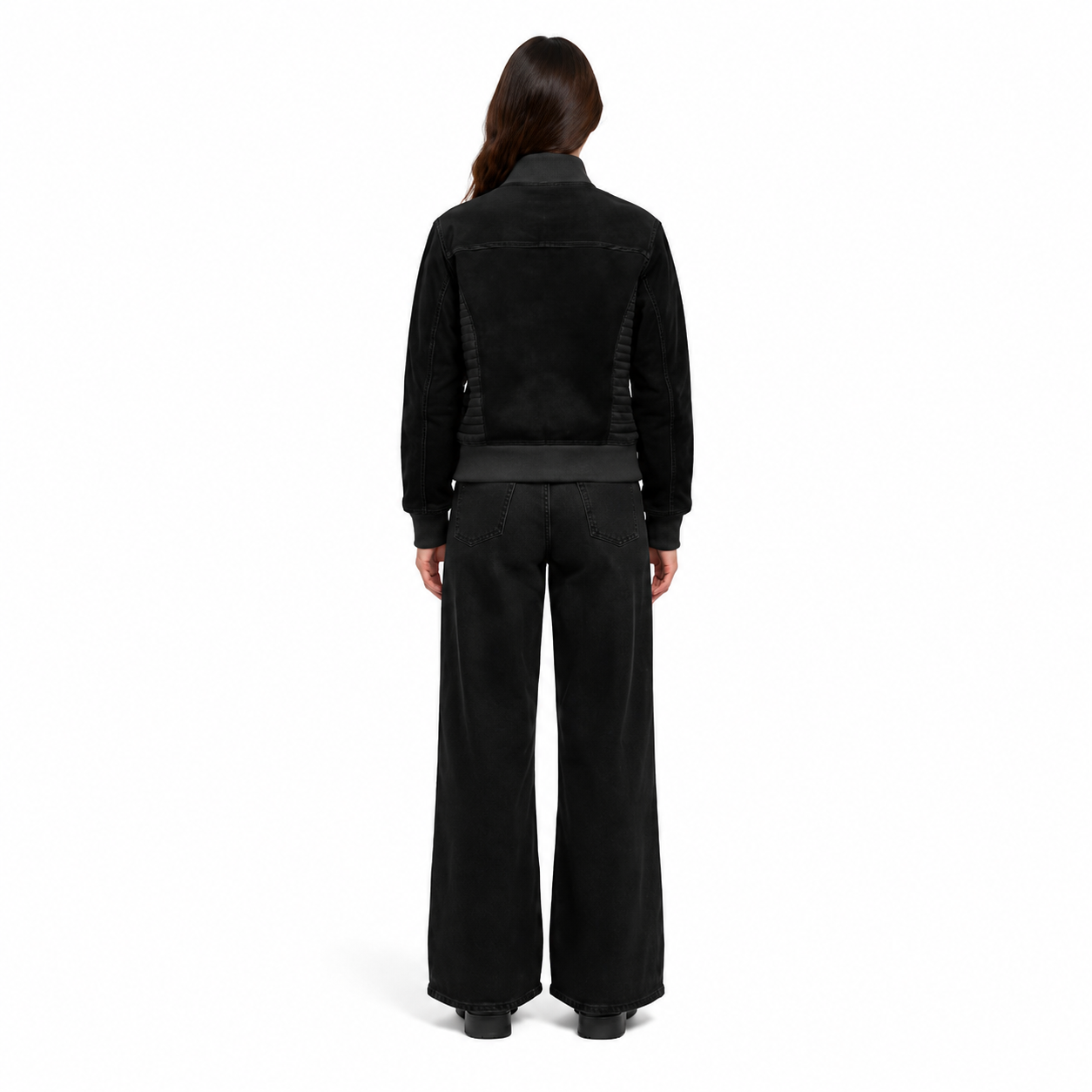 Women's Black Buffalo Suede Leather Bomber Jacket manufacturing detail 2