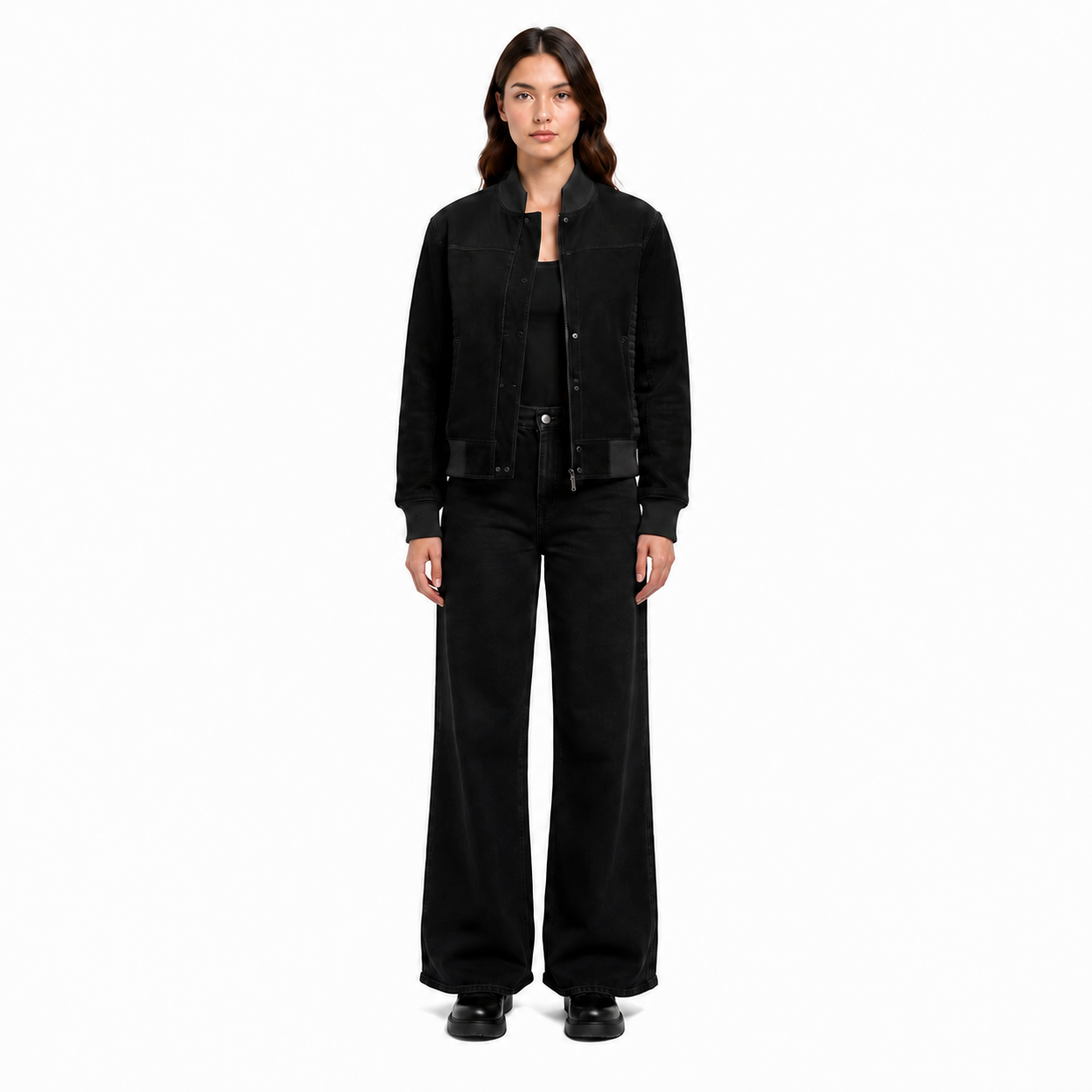Women's Black Buffalo Suede Leather Bomber Jacket - Custom Leather Manufacturer Sialkot Pakistan