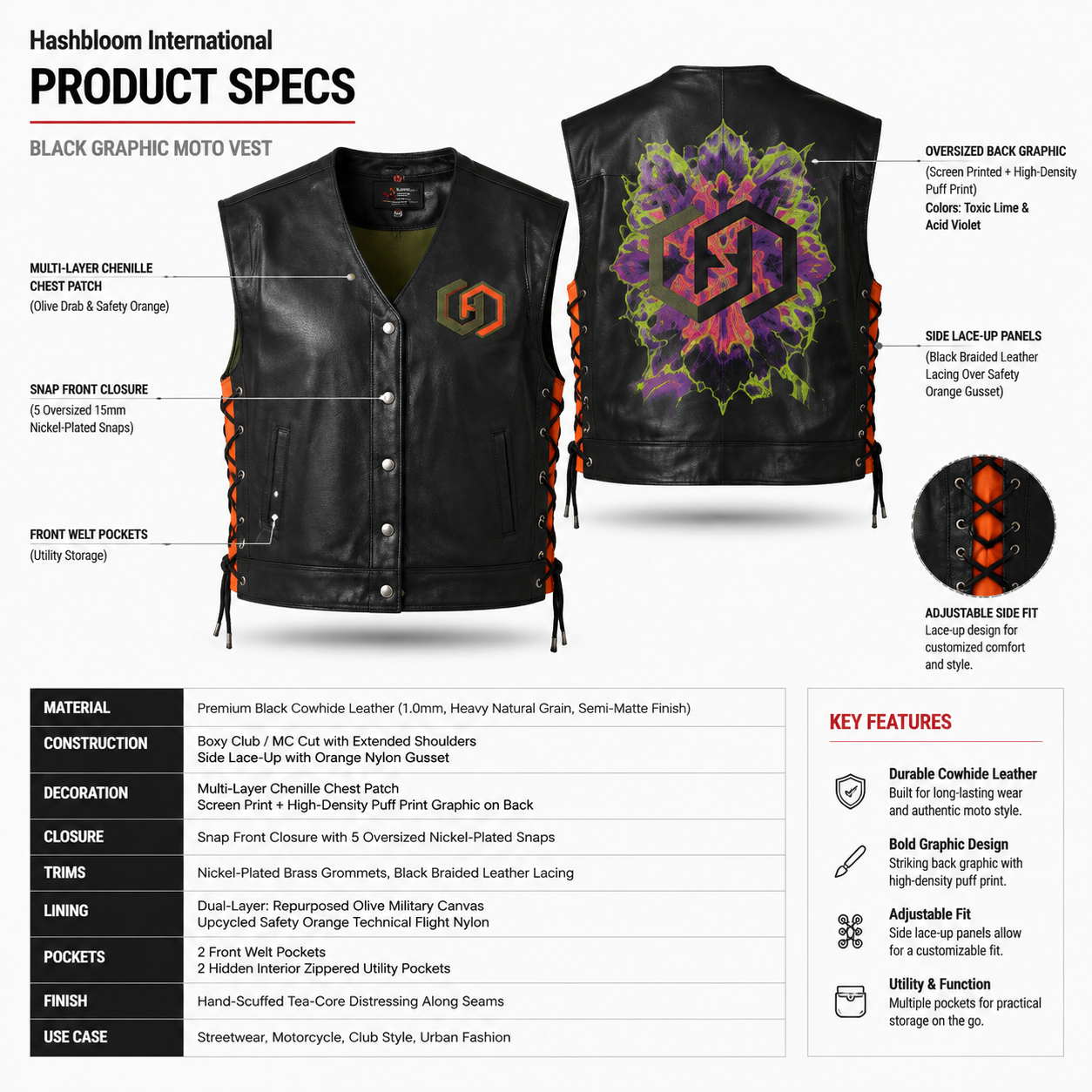 Women's Black Cowhide Graphic Motorcycle Vest manufacturing detail 5