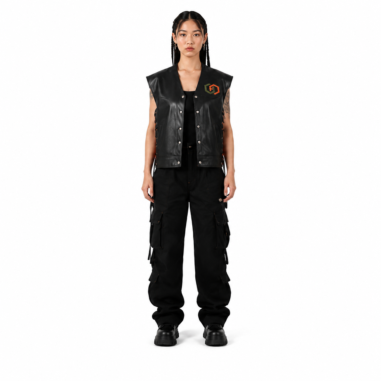 Women's Black Cowhide Graphic Motorcycle Vest - Custom Leather Manufacturer Sialkot Pakistan