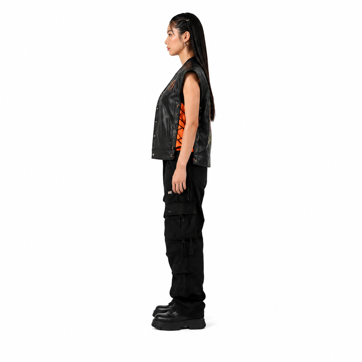 Women's Black Cowhide Graphic Motorcycle Vest manufacturing detail 3