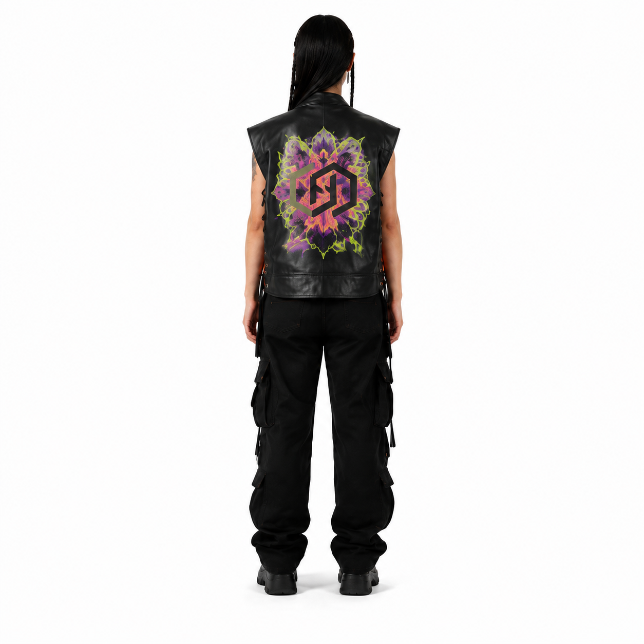 Women's Black Cowhide Graphic Motorcycle Vest manufacturing detail 2