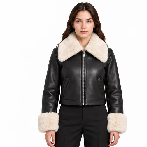 Women's Black Cropped Faux-Fur Sheep Leather Jacket - Custom Leather Manufacturer Sialkot Pakistan