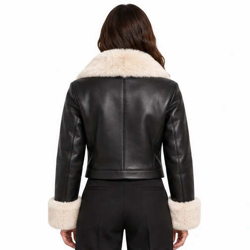 Women's Black Cropped Faux-Fur Sheep Leather Jacket manufacturing detail 2