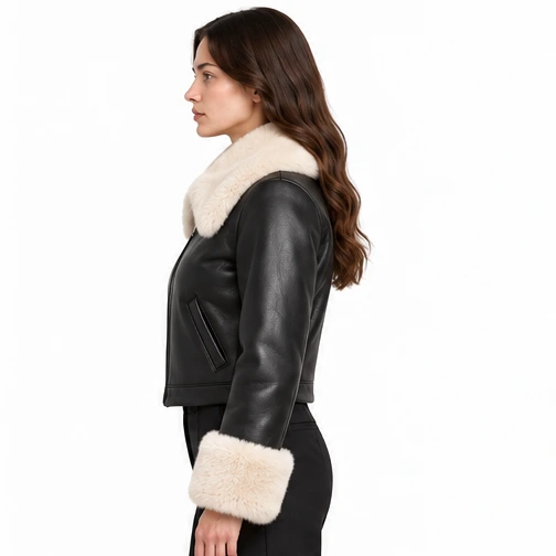 Women's Black Cropped Faux-Fur Sheep Leather Jacket manufacturing detail 3