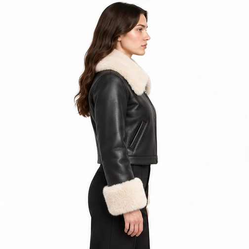 Women's Black Cropped Faux-Fur Sheep Leather Jacket manufacturing detail 4